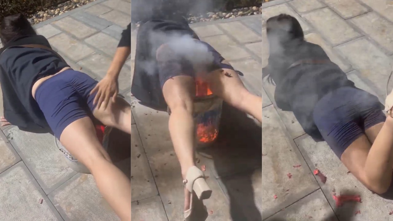 逼又炸了！这次更猛 穿着短裤鞭炮炸逼 一串鞭炮下来毛都烧焦了