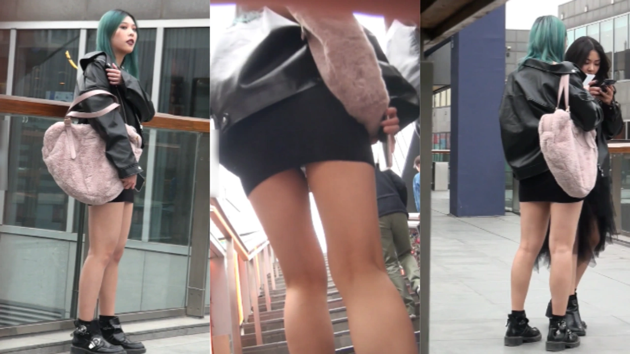 【户外抄底】高颜值绿发美女 皮衣包臀裙身材丰满