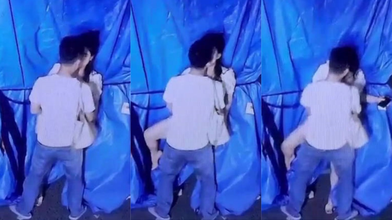 高难度姿势！深圳龙华德邦物流门口 一对情侣深夜站立式啪啪被抓拍