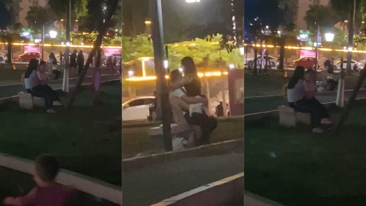 东莞桥头广场晚上7点 一对男女石凳上坐着啪啪 大妈笑哈哈打电话叫人来看