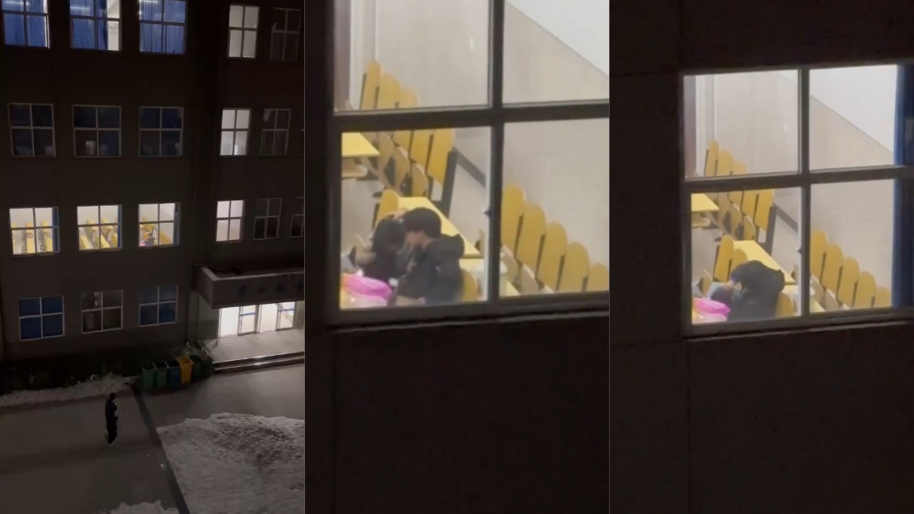 石家庄工程学院第四教学楼 小情侣教室后排偷偷吃鸡 被对面楼学生拍下全程