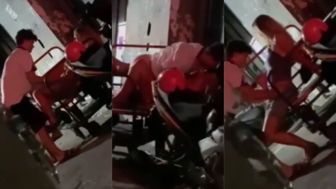 酒吧旁边小巷里醉酒男女调情 憋不住火在铁板车上做爱 刚插两下就从车上摔了下来