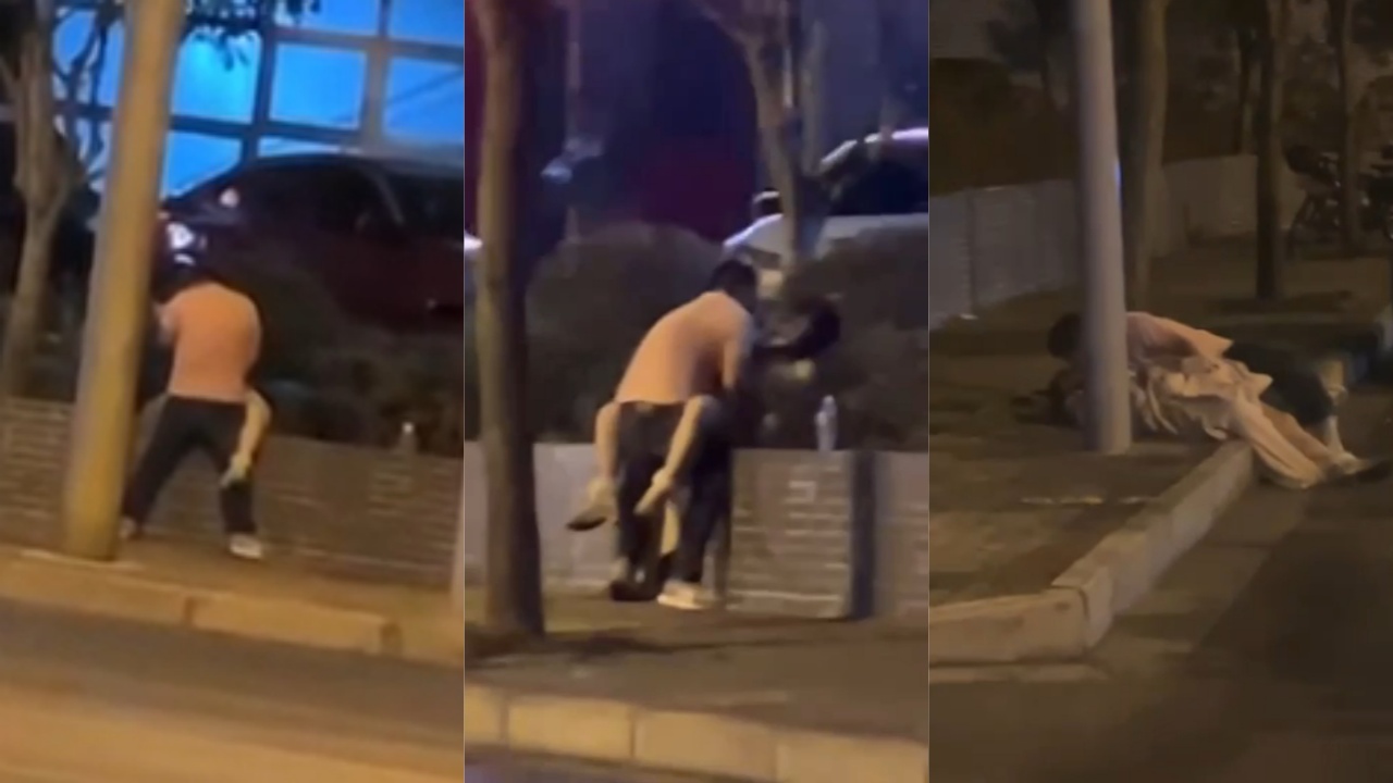 柳兴路屏山大道 妙龄女子醉酒倒在路边 路过男子趁机强上直接内射